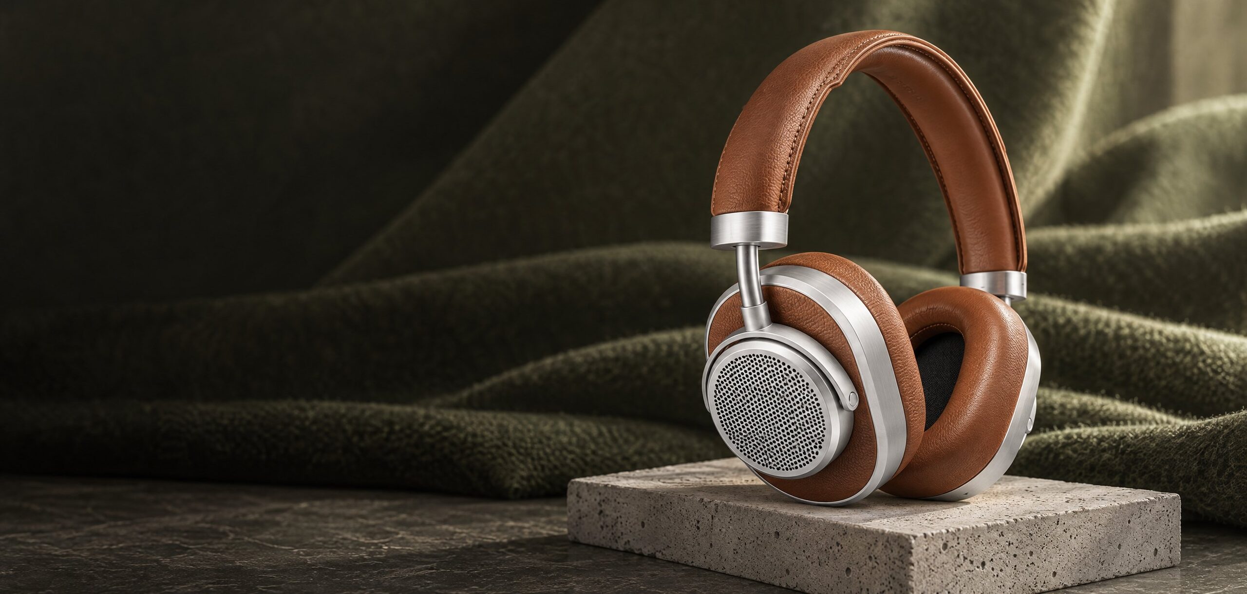 Over-ear høretelefoner i cognac læder og aluminium på en betonblok
