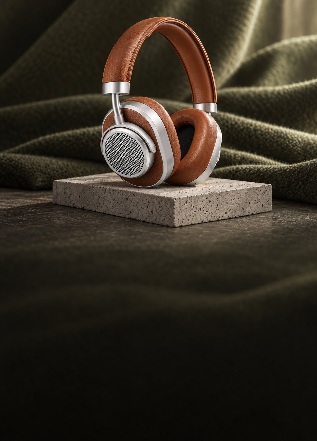 Over-ear høretelefoner i cognac læder og aluminium på en betonblok